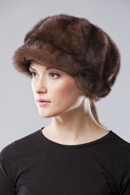 Mink fur beret with ear covers natural Brown