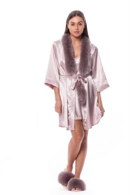 Satin robe and slippers with fox fur decor in pink/dusty rose
