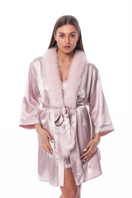 Satin robe with fox fur decor in pink