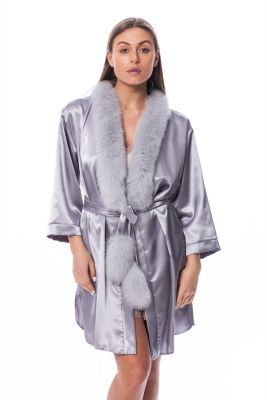 Satin robe with fox fur decor in grey