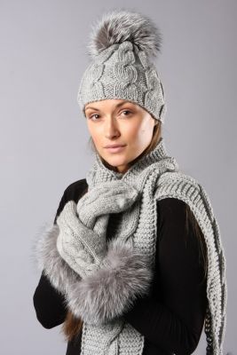 Knitted grey wool hat with blue silver pompom