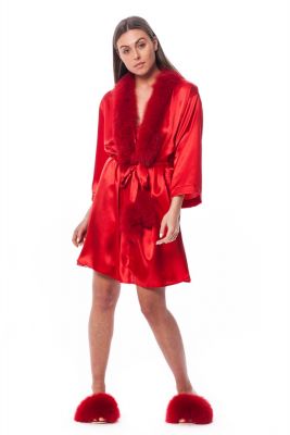 Satin robe and slippers with fox fur decor in red