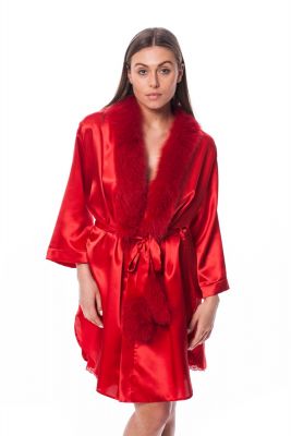 Satin robe with fox fur decor in red