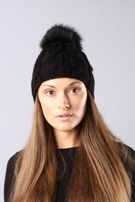 Knitted black wool hat with black pompom