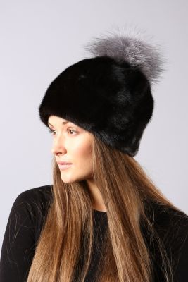 Mink fur hat “Sport” with blue silver fox pompom
