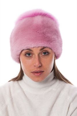 Mink fur hat light pink with big light pink pompom