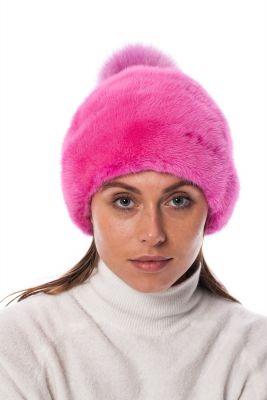 Mink fur hat pink with big pink pompom
