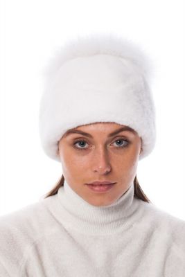 Mink fur hat white with big white pompom