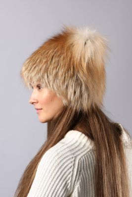 Knitted fox fur hat “Kitty” in gold 