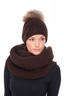 Knitted brown wool hat with raccoon pompom
