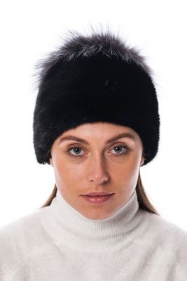 Mink fur hat black with big blue silver pompom