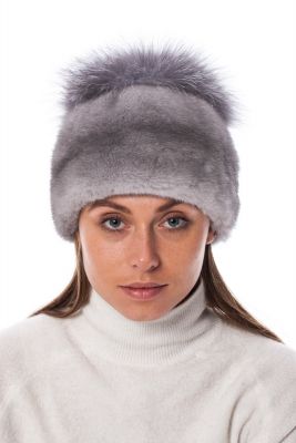 Mink fur hat grey with big blue silver pompom