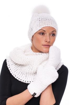 Knitted white wool hat with white pompom