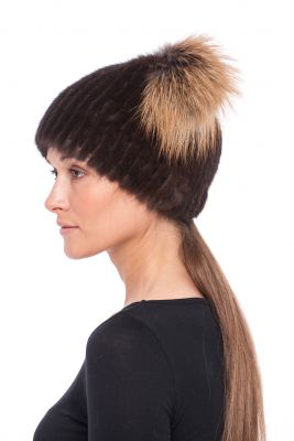 Knitted hat “Kitty” with mink (Brown/Golden blue frost)
