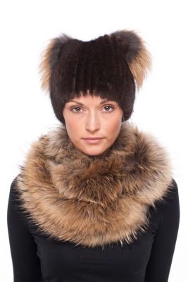 Wool double round shawl / scarf with raccoon fur
