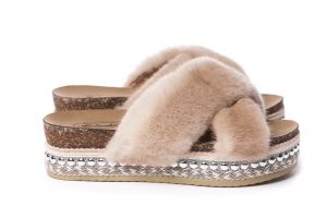 Slippers with mink fur in beige