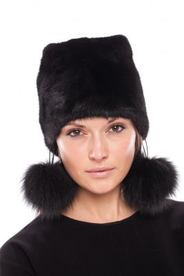 Mink fur hat “Kitty” with pompoms fox in black