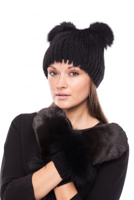 Knitted hat “Kitty” with mink (black/black).