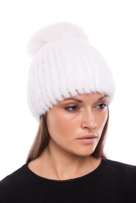 Knitted hat “Mimosa” with mink/fox (white/blue silver)