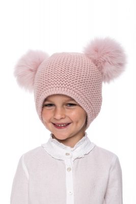 Knitted pink wool hat with pompoms pink
