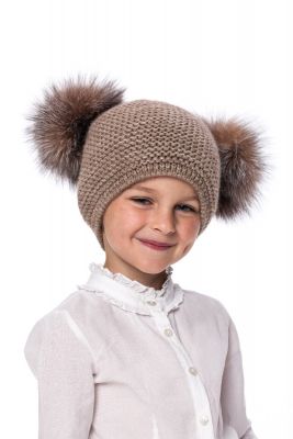 Knitted brown wool hat with pompom raccoon