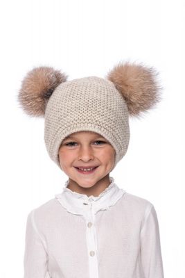Knitted beige wool hat with pompoms raccoon