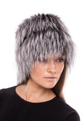 Knitted fox fur hat “Cylinder” in blue silver