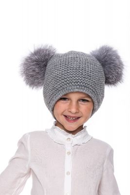 Knitted light grey wool hat with grey fur fox pompom