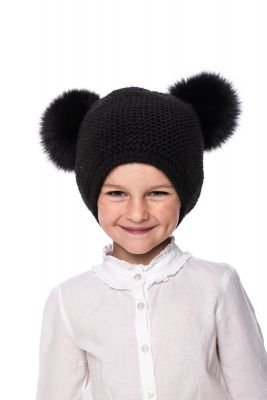 Knitted black wool hat with  black fur fox pompoms
