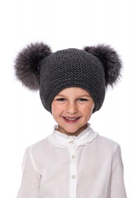 Knitted dark grey wool hat with pompoms grey
