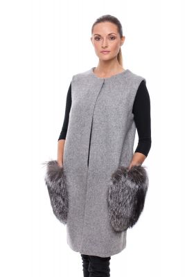Wool and cashmere vest grey with blue silver fox pockets