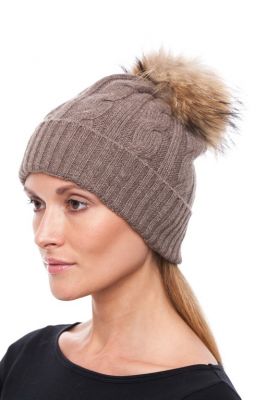 Cashmere hat with raccoon fur pompom