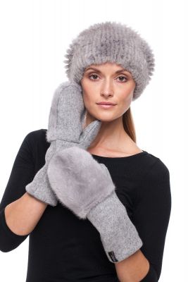 Set of wool gloves and hat with mink natural fur in grey