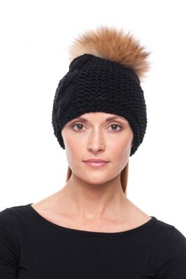 Knitted black wool hat with natural raccoon fur pompom