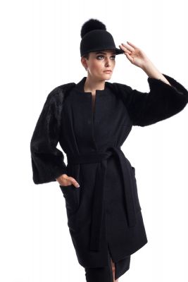 Wool and cashmere coat black with black mink sleeves