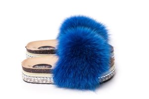 Slippers with fox fur blue