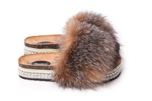 Slippers with fox fur golden frost