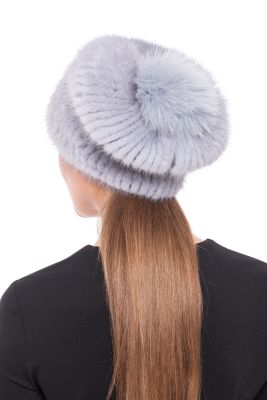 Knitted hat “Pinocchio” with mink/fox (Sapphire/grey)