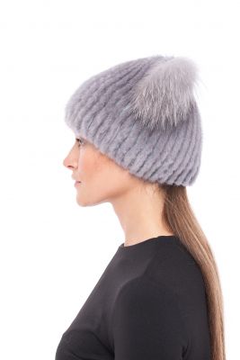 Knitted hat “Kitty” with mink (Sapphire/blue frost)