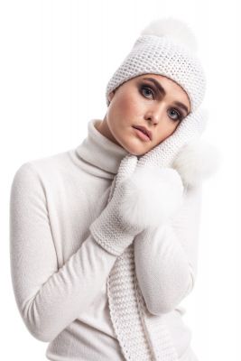 Knitted white wool hat with pompom white