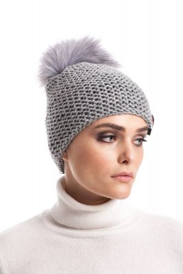 Knitted grey wool hat with pompom blue silver