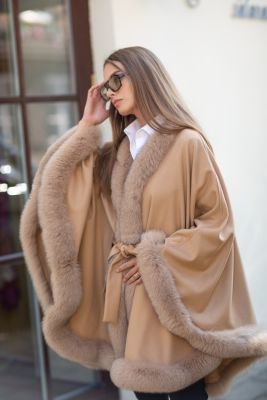 Wool and cashmere beige poncho with fox fur decor