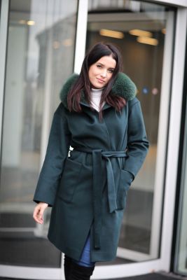 Wool and cashmere coat with fox fur collar (dark green)