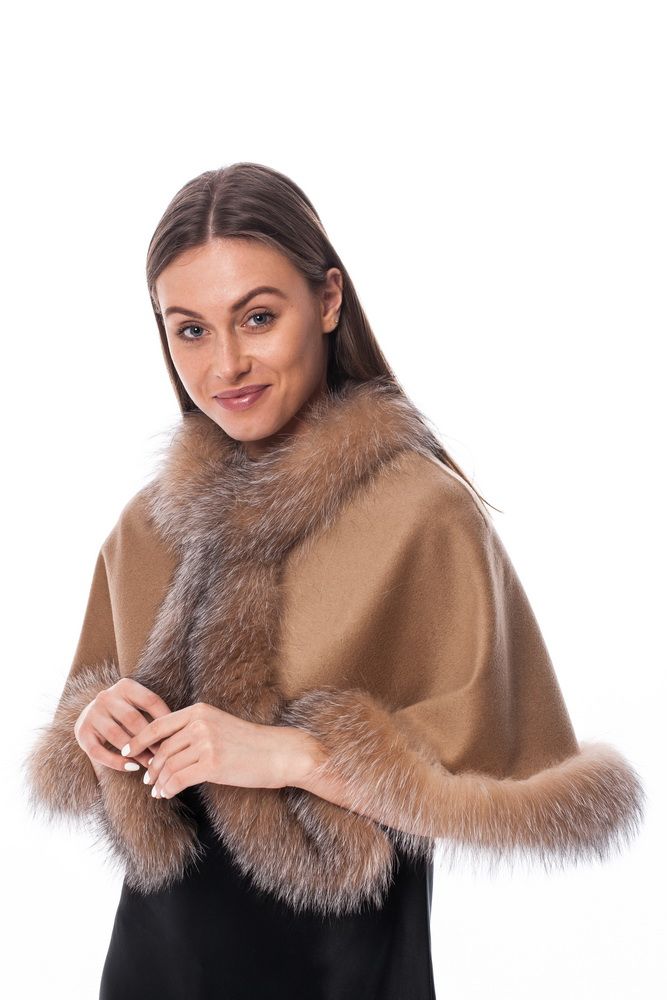 Wool and cashmere poncho beige with golden blue silver | Beautyfur.com