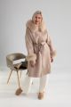 Wool and cashmere long coat with hood and sleeves decorated with fox fur in beige