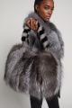 Fox fur handbag in blue silver colour with attached mink fur handle and chain