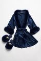 Satin robe and slippers with fox fur decor in blue