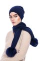 Cashmere and wool scarf blue with pompoms blue fox 
