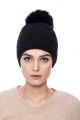 Knitted black wool hat with  black fur fox pompom