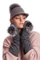 Grey wool long mittens with silver fox fur pompom